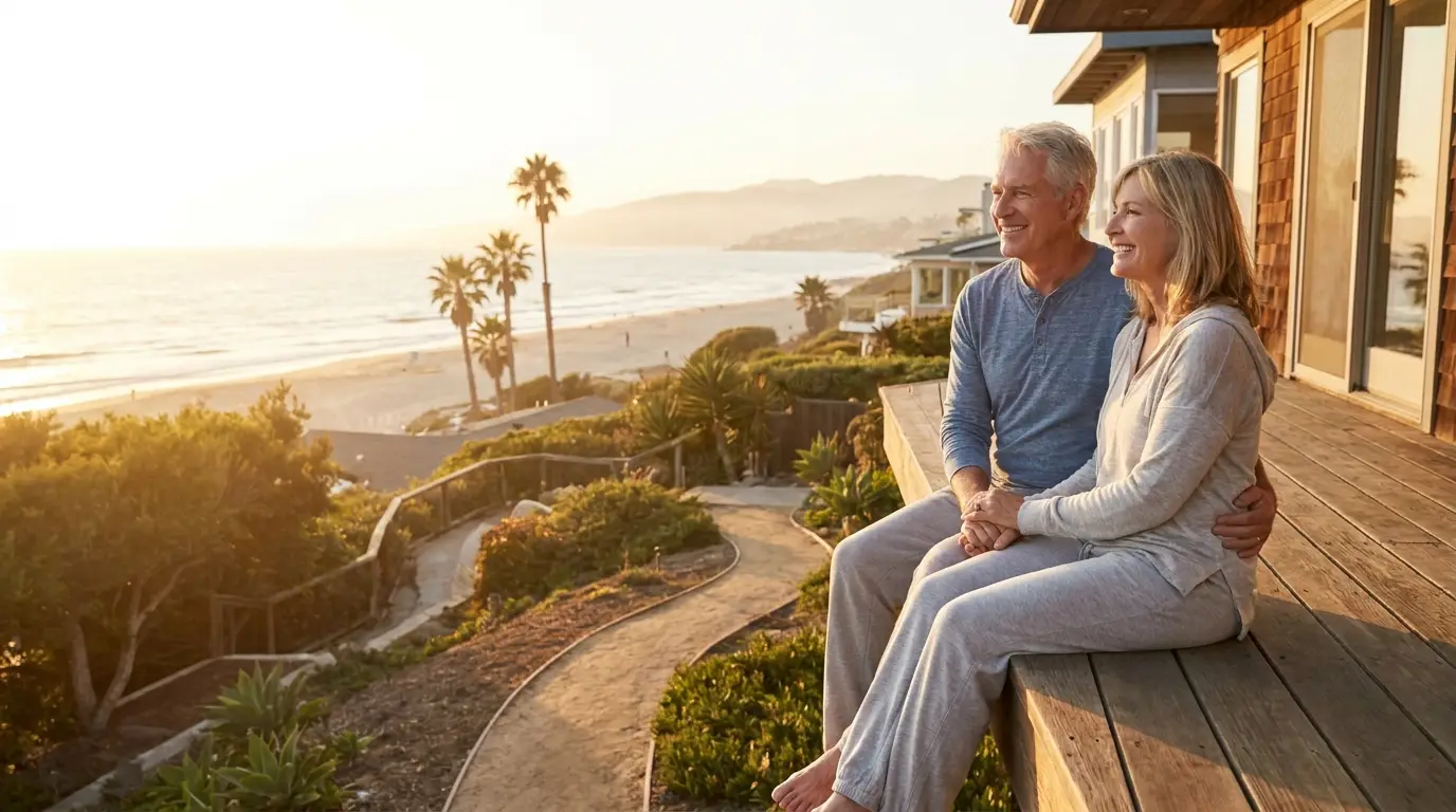 A retired California couple at home by the coast — planning retirement income with fixed and fixed-indexed annuities