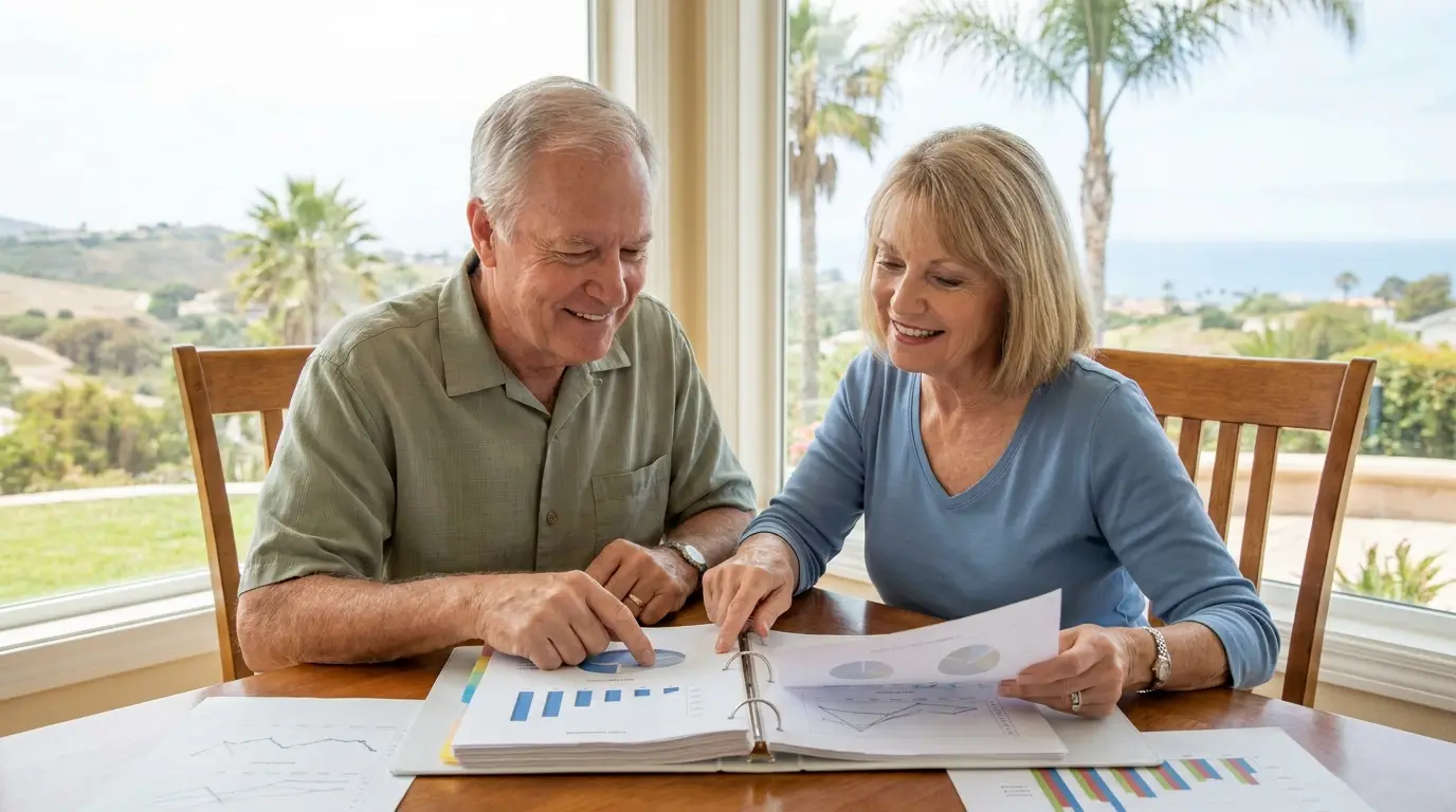A retired California couple reviewing how a fixed-indexed annuity credits interest