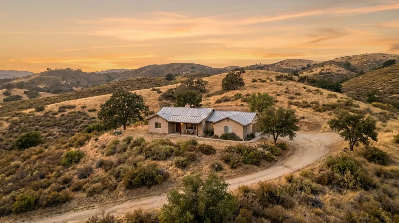 A California home surrounded by dry hills — illustrating the fire risk that drives demand for the FAIR Plan