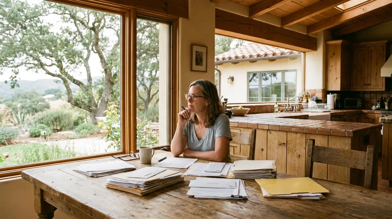 A California homeowner reviewing their insurance policy at the kitchen table