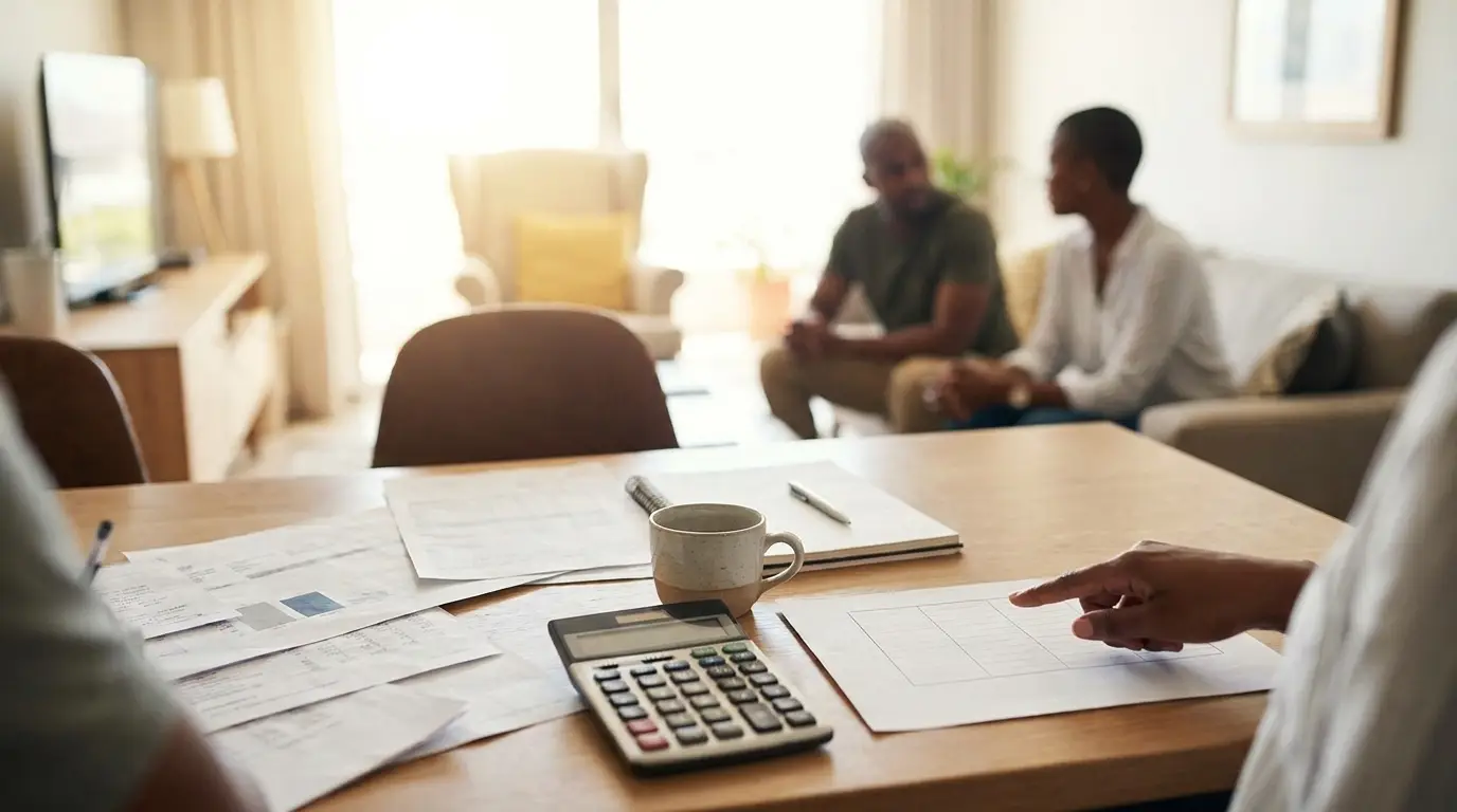 A couple reviewing their finances at home — estimating how much term life insurance they need