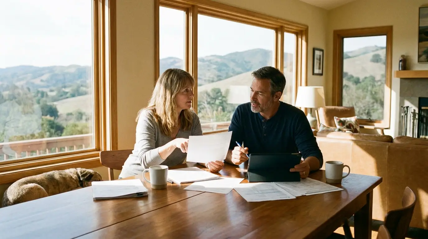 A California couple weighing term and whole life insurance options at home