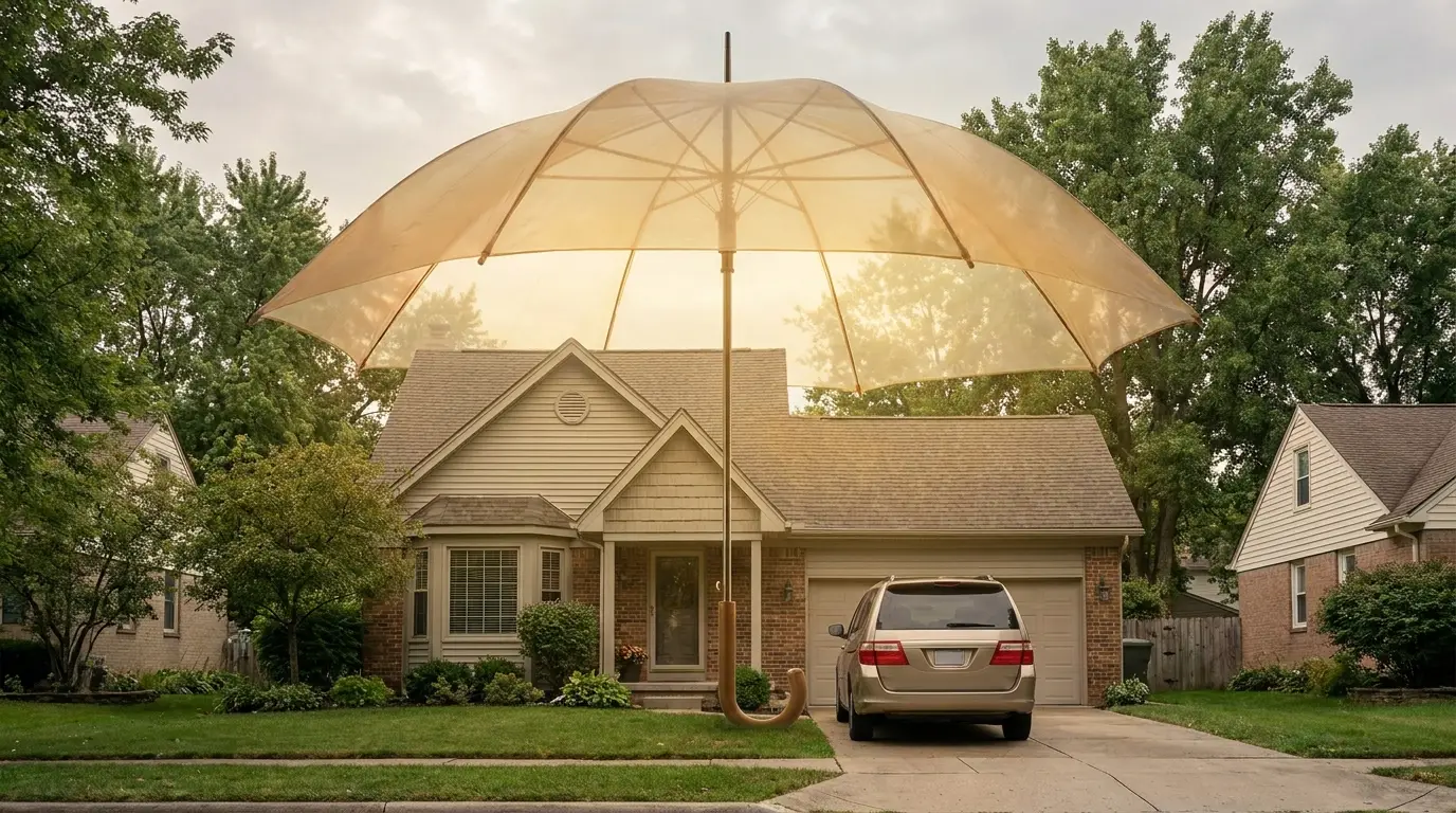A California family home and car — the two policies an umbrella sits above