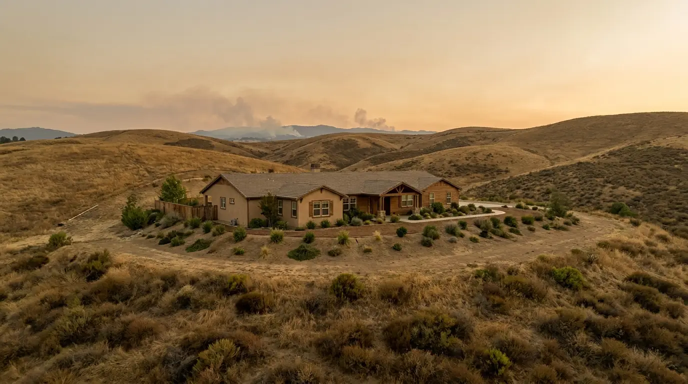 A California neighborhood in a fire-risk zone — homeowners insurance wildfire coverage