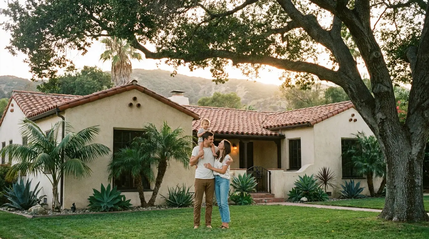 A couple outside their California home — using term life insurance to help protect a new home and family